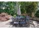 Inviting backyard patio with dining set, umbrella, and well-maintained landscaping at 1890 Silvastone Dr, Decatur, GA 30033
