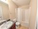 Standard bathroom with a shower-tub combo, single sink vanity, and neutral color palette at 5622 Platte Dr, Ellenwood, GA 30294