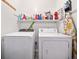 Bright laundry room featuring modern washer and dryer, shelf, and storage space at 104 River Creek Dr, Woodstock, GA 30188