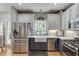 Kitchen with stainless steel appliances, farmhouse sink, and contrasting lower cabinets at 1045 Legacy Walk, Woodstock, GA 30189