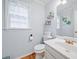 Cozy half bath with a white vanity and light blue paint at 1763 Benningfield Sw Dr, Marietta, GA 30064
