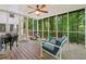 Inviting screened porch with wood flooring, ceiling fan, and comfortable seating, perfect for relaxation and outdoor dining at 1763 Benningfield Sw Dr, Marietta, GA 30064