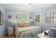 Cozy bedroom with soft blue walls, patterned bedding, and bright natural light from the window at 114 Karland Nw Dr, Atlanta, GA 30305