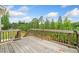 A wooden back deck offers outdoor living space with views of mature trees and landscaping at 2889 Windsor Knoll Dr, Dacula, GA 30019