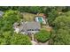 An aerial view of a charming two-story house with a pool, playground, and lush green landscaping at 4135 Creekwood Dr, Cumming, GA 30041