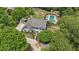 Aerial view showcasing the home, in-ground pool, playground, and surrounding trees at 4135 Creekwood Dr, Cumming, GA 30041