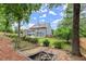 Serene backyard view with a fire pit, mature trees, and a lush lawn creates an ideal outdoor retreat at 214 Crestmont Way, Canton, GA 30114