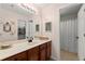 Bathroom vanity with a large mirror and a view of the shower and closet space, offering both functionality and style at 214 Crestmont Way, Canton, GA 30114