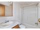 Bathroom with a single sink vanity, toilet, and shower with a tub in an all white color scheme at 4934 Pickys Se Holw, Acworth, GA 30102