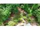 Aerial view of landscaped backyard with stone patio, garden area, and lush greenery at 95 Brandon Ridge Dr, Atlanta, GA 30328
