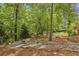 Landscaped backyard with a stone fire pit, gravel path, and lush greenery, ideal for outdoor gatherings at 95 Brandon Ridge Dr, Atlanta, GA 30328