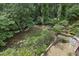 Aerial view of lush backyard landscaping with stone patio, garden area, and mature trees, creating a private oasis at 95 Brandon Ridge Dr, Atlanta, GA 30328