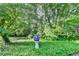Lush backyard with mature trees, green ground cover and a decorative blue-and-white sphere on a pedestal at 1885 Milfield Cir, Snellville, GA 30078