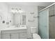 Modern bathroom featuring gray vanity, sleek shower, and updated fixtures at 742 Redland Dr, Jonesboro, GA 30238