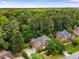 Aerial shot showcasing a brick home nestled among lush greenery and neighboring houses at 2425 Hamptons Psge, Alpharetta, GA 30005