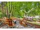 Picturesque backyard firepit with comfortable wooden seating and a serene wooded backdrop at 2425 Hamptons Psge, Alpharetta, GA 30005