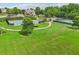 Scenic aerial view of a community's recreational area featuring tennis courts, playground, and clubhouse at 5225 Stonehaven Vw, Cumming, GA 30040