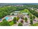 An aerial view shows a community pool, tennis courts, and clubhouse surrounded by lush greenery and trees at 5225 Stonehaven Vw, Cumming, GA 30040