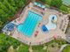 Aerial shot of a community pool with a slide, a kiddie pool and lots of seating at 5225 Stonehaven Vw, Cumming, GA 30040
