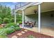 View of covered patio with ceiling fan, outdoor dining set, and manicured garden at 1393 Kings Park Nw Dr, Kennesaw, GA 30152