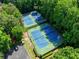 Aerial view of well maintained green and blue tennis courts surrounded by lush trees at 24 Dunwoody Springs Dr, Atlanta, GA 30328