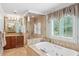 Luxurious bathroom featuring a soaking tub, a glass shower, double vanity, and stylish tile work at 680 Parkside Trl, Marietta, GA 30064