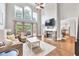 Bright living room with tall ceilings, large windows, fireplace and hardwood floors at 1255 Hidden Creek Pt, Cumming, GA 30040