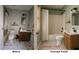 Before and after of a bathroom remodel with new vanity, shower and updated flooring at 4 Kelso At Peyton Sw Dr, Atlanta, GA 30311