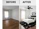 This bedroom features updated flooring, fresh paint, modern furniture, and contemporary decor at 4 Kelso At Peyton Sw Dr, Atlanta, GA 30311