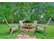 Backyard with seating area around a rustic firepit at 510 Morning Mist Ct, Alpharetta, GA 30022