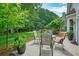 Charming patio area with outdoor furniture, potted plants, and green lawn at 510 Morning Mist Ct, Alpharetta, GA 30022