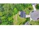Aerial view of a home with a private backyard, mature trees, and cul-de-sac street at 3668 Burel Mill Dr, Buford, GA 30519