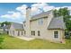 The backyard features a well-manicured lawn, a tall chimney and a concrete patio area at 6027 Windfall Ct, Powder Springs, GA 30127