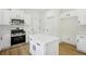 Modern kitchen with stainless steel appliances, a central island, white cabinets, and an efficient cooking area at 6027 Windfall Ct, Powder Springs, GA 30127