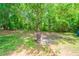 A grassy backyard featuring mature trees and a fire pit at 297 Edison Dr, Stockbridge, GA 30281