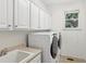 Well-lit laundry room with white cabinetry, modern washer and dryer, and a convenient utility sink at 1029 Ector Nw Dr, Kennesaw, GA 30152