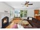 Comfortable living room featuring a fireplace, large windows, and hardwood floors at 1029 Ector Nw Dr, Kennesaw, GA 30152