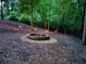 View of a backyard firepit surrounded by trees with several outdoor lighting fixtures at 2694 Tritt Springs Ne Dr, Marietta, GA 30062