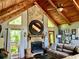Cozy living room featuring vaulted wood ceilings, a stone fireplace, and ample natural light at 2694 Tritt Springs Ne Dr, Marietta, GA 30062