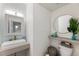 Modern bathroom with a unique vessel sink, stylish mirror, and white shiplap walls at 1450 Crescent Walk, Decatur, GA 30033