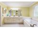 Well-lit bathroom featuring double sinks and a bathtub, with yellow walls and modern fixtures at 1450 Crescent Walk, Decatur, GA 30033