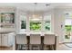 Eat-in kitchen with a modern island, pendant lighting, and views of the backyard at 1450 Crescent Walk, Decatur, GA 30033