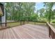 Wooden deck with brown wooden railings overlooks a large wooded backyard at 1192 Sandalwood Dr, Lawrenceville, GA 30043