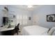 Bedroom with a work space, white shutters, light blue walls, and a bed with white and blue bedding at 102 Cavit Ct, Canton, GA 30114