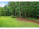 Expansive lawn space bordered by mature trees, offering privacy and a park-like setting for outdoor activities and relaxation at 9060 Par Dr, Douglasville, GA 30134