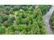 An aerial view of the property showing mature trees and a river nearby at 5025 Oak Bluff Ct, Atlanta, GA 30350