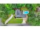 Aerial view of a home featuring a swimming pool, well-manicured lawn, and mature trees at 5025 Oak Bluff Ct, Atlanta, GA 30350
