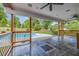 Inviting covered patio with slate tile flooring and a view of the sparkling pool and beautifully landscaped backyard at 65 Millennial Ct, Lawrenceville, GA 30045