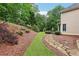 Landscaped backyard featuring a stone pathway, lush greenery, and a well-maintained lawn, creating a serene outdoor oasis at 503 Kensington Estates Trce, Woodstock, GA 30188