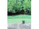 Concrete patio with flower pot overlooks the lawn, landscaping and trees in the backyard at 5620 Moresby Ct, Alpharetta, GA 30022